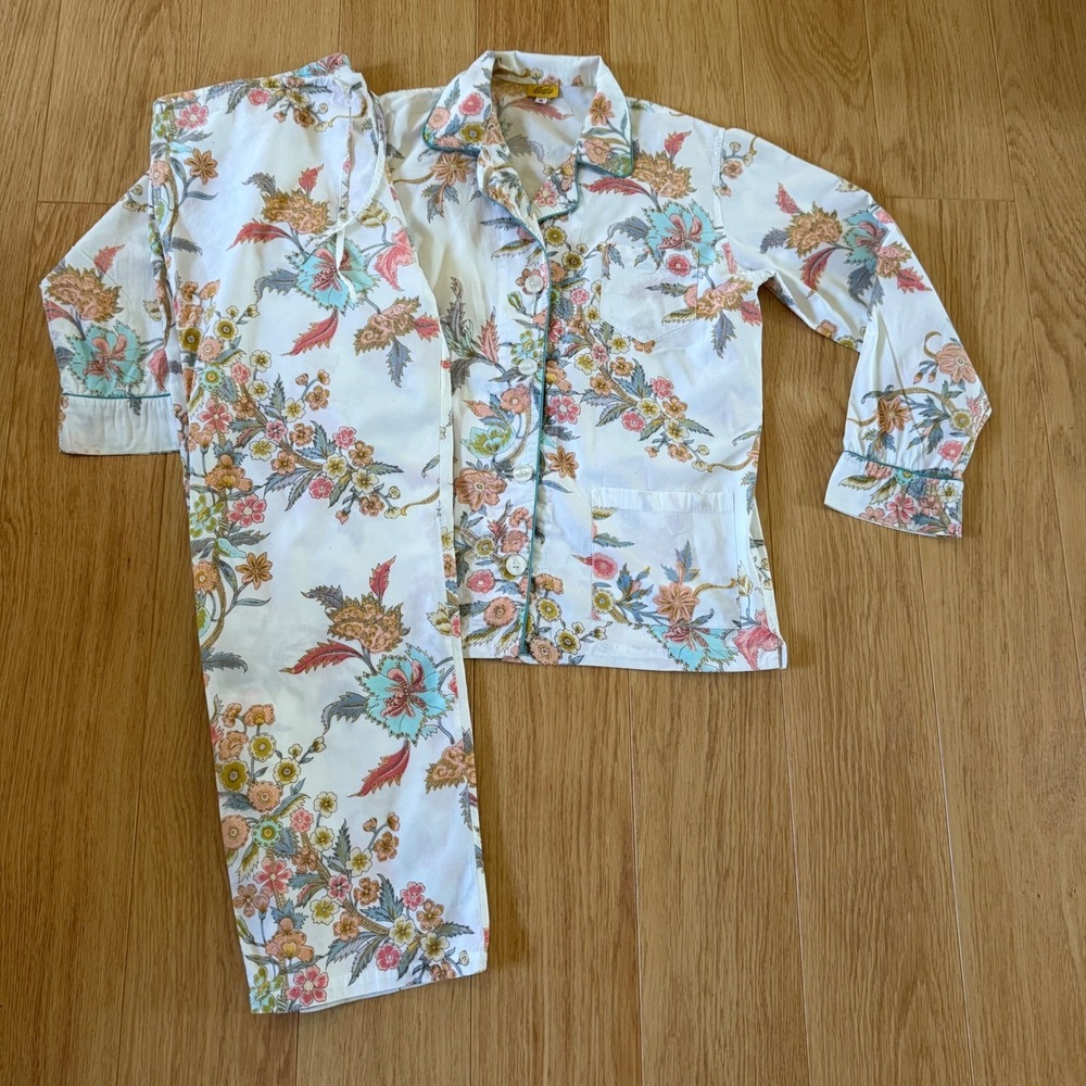 Roberta Roller Rabbit Pajama Set Womens Medium Cream Floral Paisley Cotton PJ